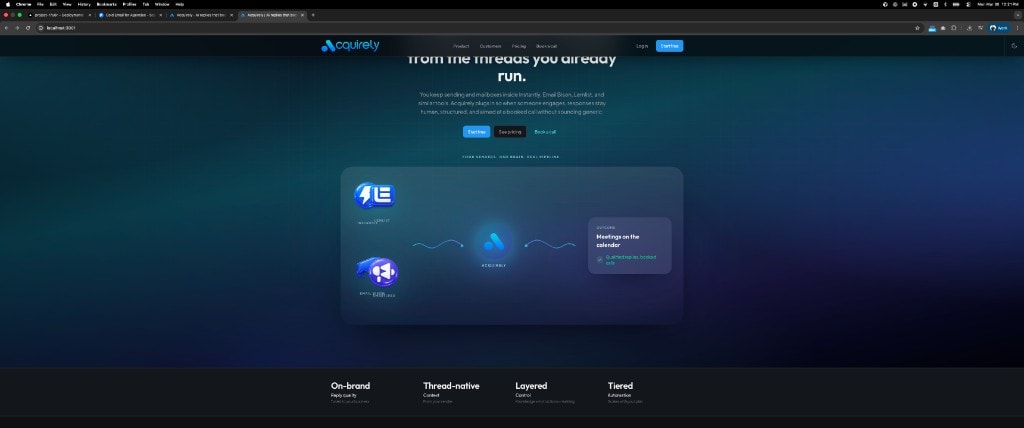 Acquirely in a high-end metal and glass hardware aesthetic, suggesting reliability and scale.